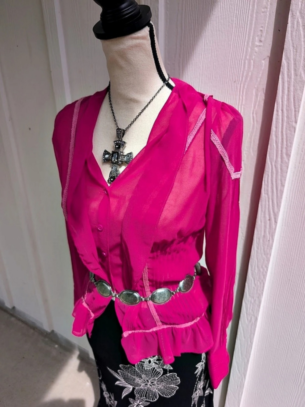 Y2K vintage hot pink fairy core sheer ruffle blouse - Picture 4 of 7